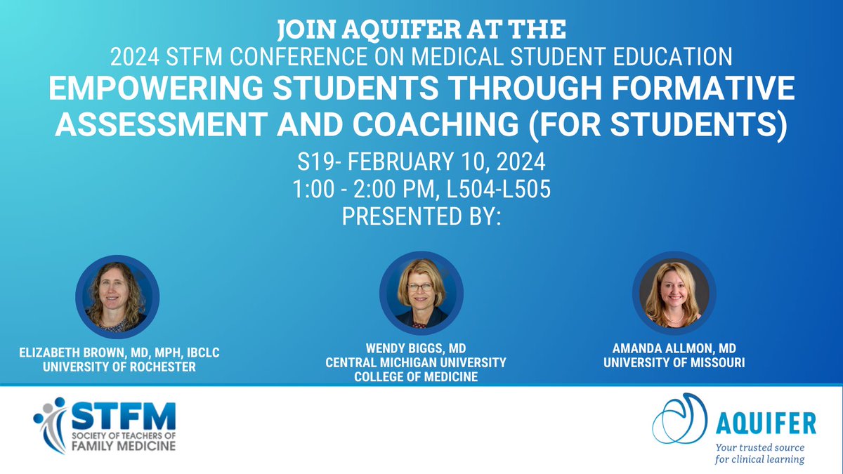 AquiferOrg's tweet photo. More great presentations at #MSE24 today! Join Aquifer Family Medicine consortium members Elizabeth Brown, MD, Wendy Biggs, MD, and Amanda Allmon, MD for a session on formative assessment and coaching. @STFM_FM #FamilyMedicine #MedTwitter #HealthProfessionsEducation https://t.co/lFctJbPQ3m
