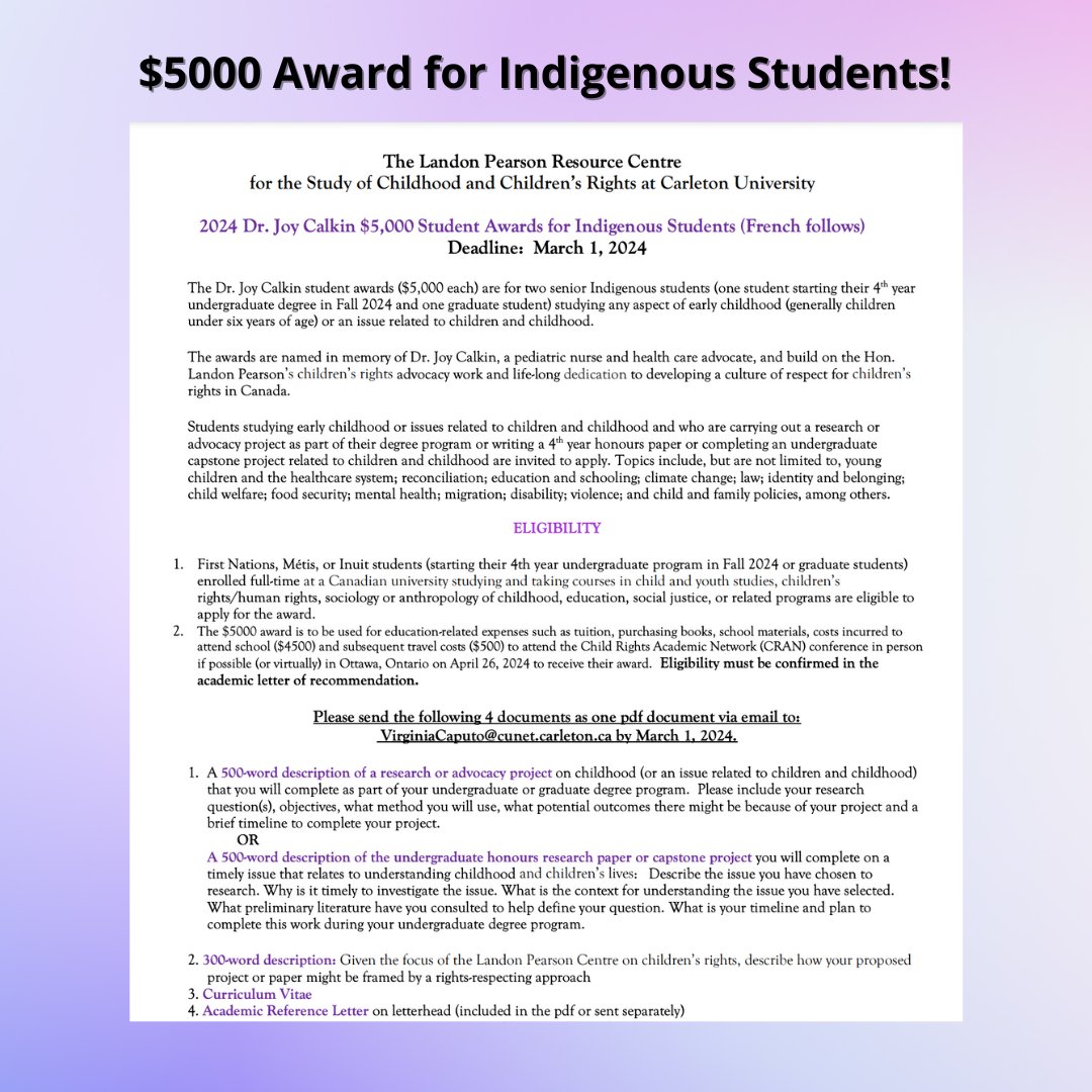 There's still time to apply for the Dr. Joy Calkin Award - don't miss out on a $5000 scholarship! 

See the criteria below and visit carleton.ca/landonpearsonc… for more information! 💜

*Please note that scholarship is not funded by the Caring Society*