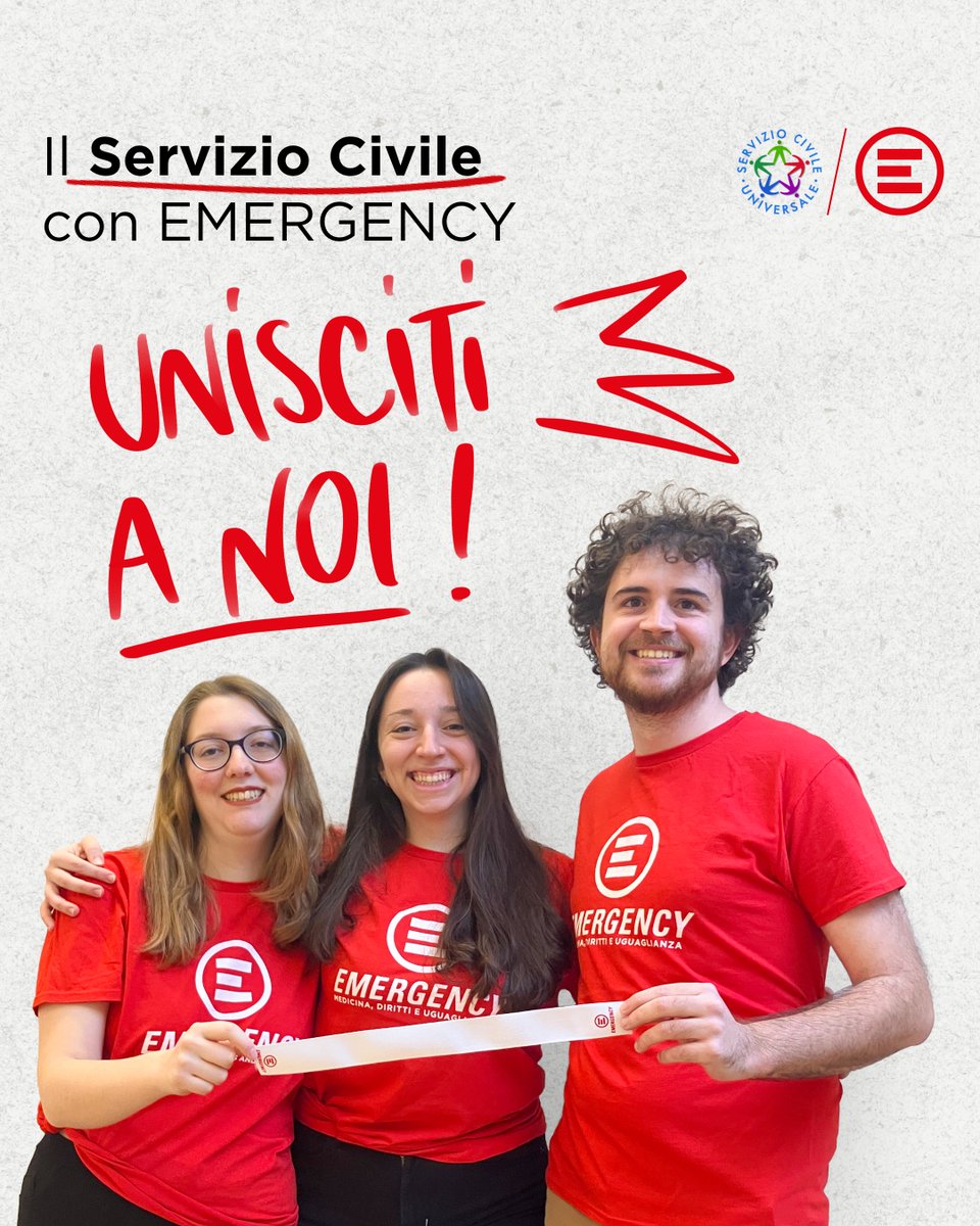 Ultimi giorni per candidarti al #ServizioCivile con EMERGENCY: hai tempo fino alle 14 del #15febbraio!

Scopri da vicino cosa significa lavorare per un'associazione umanitaria e dai il tuo contributo ai nostri progetti, nella sede di #Milano o #Roma.

Info emergency.it/volontariato/s…