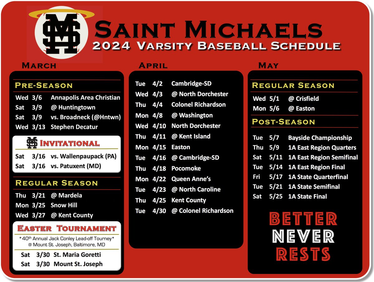 Stop scrolling and feast your eyes on the full 2024 slate, which features the 5th Annual STM Invitational (3/16), an earlier-than-usual roadtrip to Balmer Hon (3/30) and a *Pops Memorial Tribute* prior to the 4/15 home game vs. Easton...

🗣️Go Halos‼️