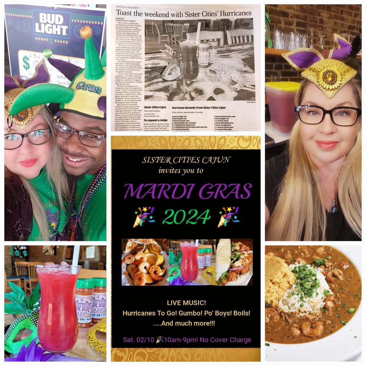 SisterCitiesSTL's tweet photo. Today's the day!!! 📿🍹🎉
Happy Mardi Gras!!!
Live Music at 12:30!!!
King Cake Sangria!
Craft Hurricanes! 
Authentic Cajun food https://t.co/rArITRq2p0