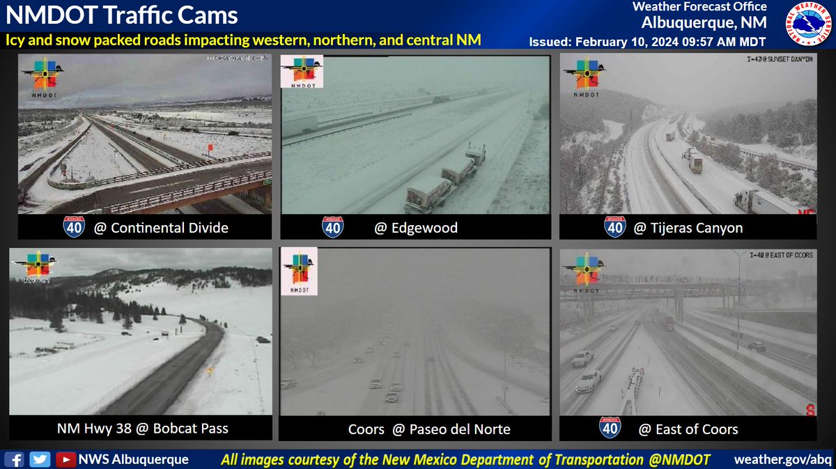 NWSAlbuquerque's tweet photo. Road conditions have deteriorated, especially across central New Mexico. Visibility may drop abruptly and slick roads may exist. This includes the Albuquerque Metro. #NMwx #NMroads https://t.co/L057x3d2gX