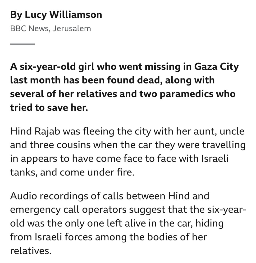 this is how the BBC is reporting the murder of Hind Rajab: she went missing, you see. they appeared to have come under fire. it was shortly after coming face to face with a tank. bbc.co.uk/news/world-mid…