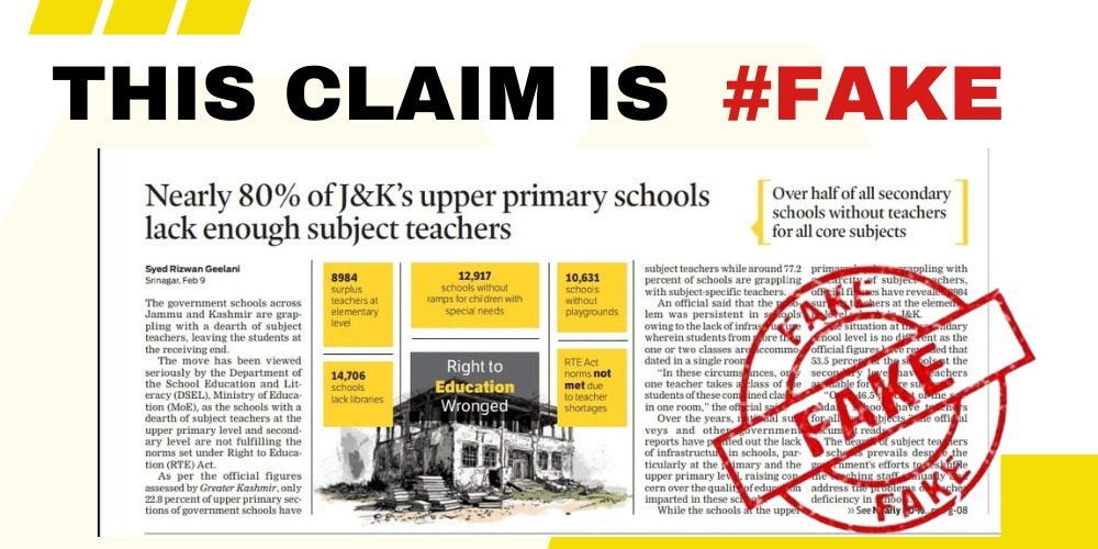 #DIPRFactCheck Reacting sharply to the news item, 'Nearly 80 % of Schools lack enough Subject Teachers' published in the section of paper, dated 9th Feb 2024, School Education Department Jammu and Kashmir, has refuted the claim and statistics given in the news item. It is