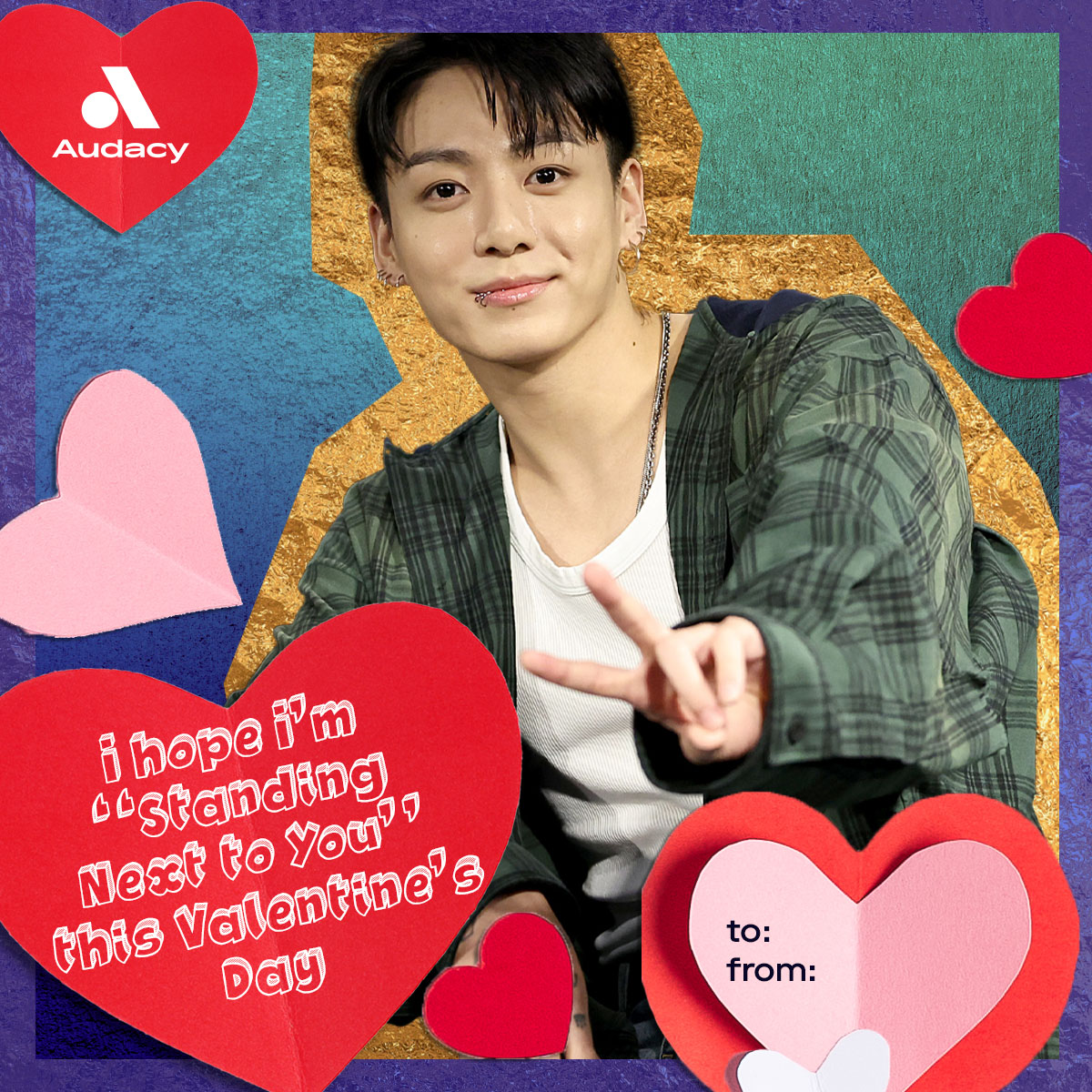 Audacy's tweet photo. Send this Valentine of @bts_bighit's Jung Kook to the one you've been thinking about seven days a week 💜 https://t.co/mCMODZ4MwI