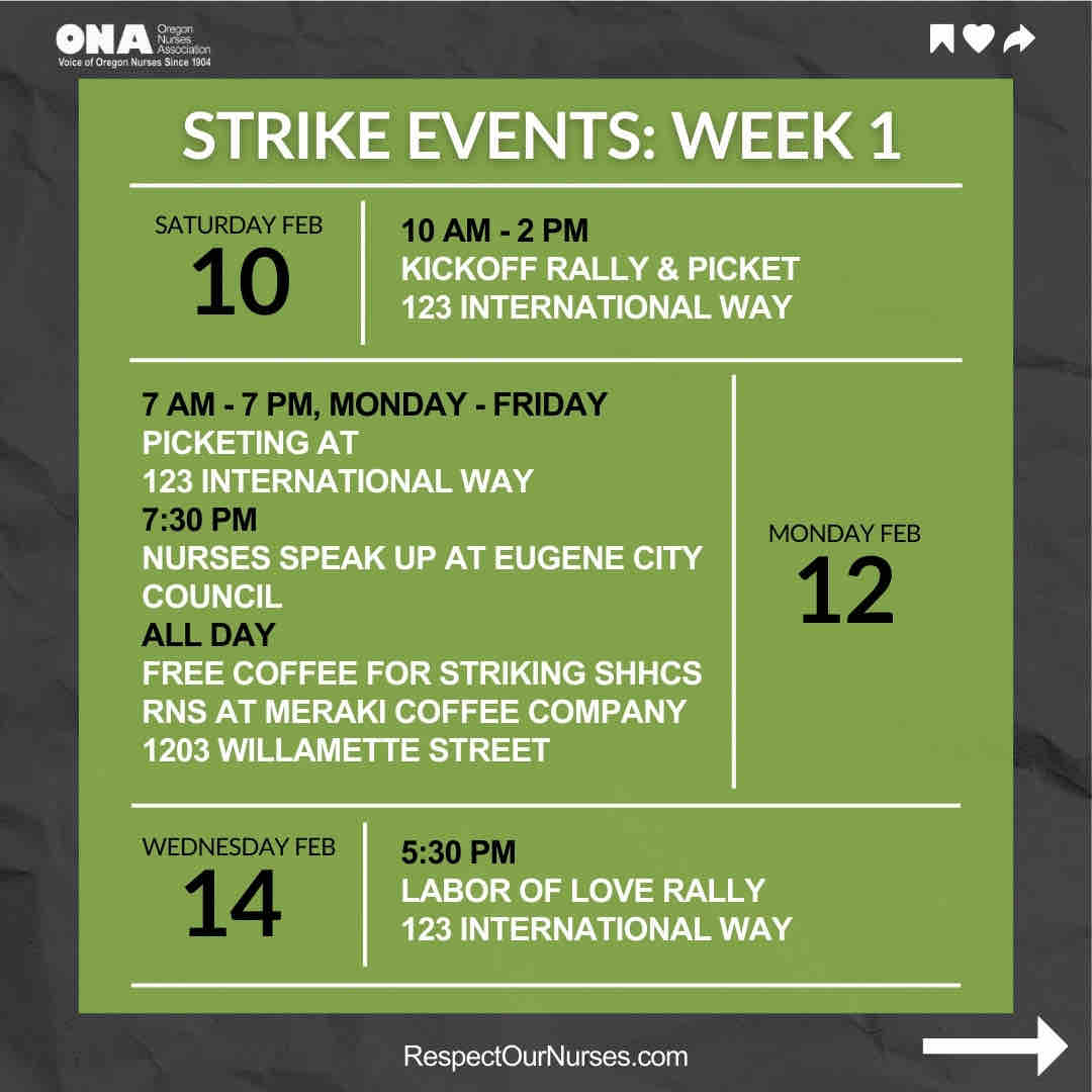 OregonNurses's tweet photo. Our Strike Kickoff Rally at PeaceHealth Sacred Heart Home Care Services in Lane County starts soon! Check out parking info & plan to join us today & at our other events throughout the week! Next week’s schedule coming soon! #RespectOurNurses #SHHCSStrike #nurses #union #strike https://t.co/XRrDUGU1D0