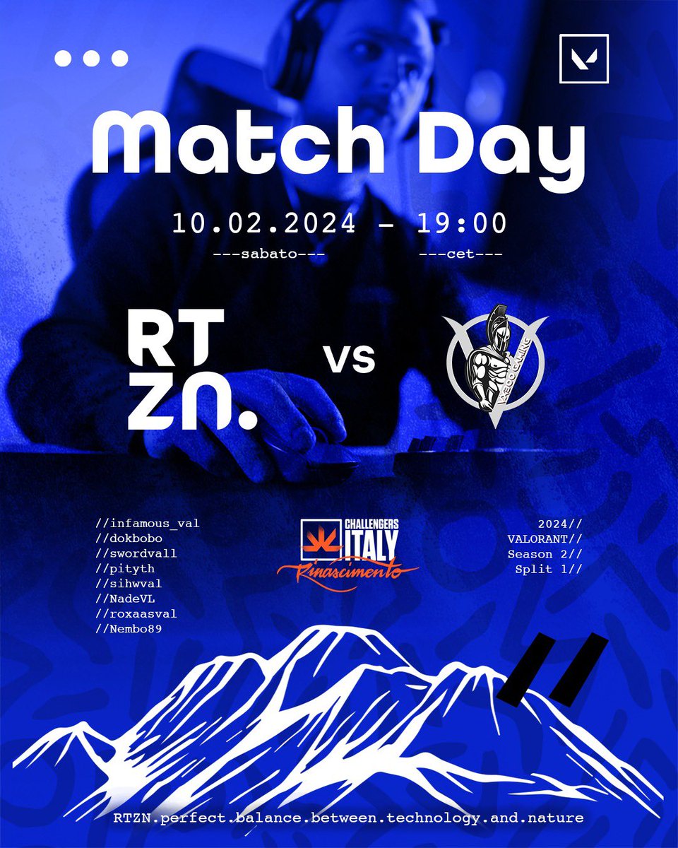 RtznEsports's tweet photo. VALORANT Challengers Italy: Rinascimento

🔨RTZN vs @Vx300Gaming 

🗓️10.02.2024
⏰Match 5 - Ore 19:00
📺 https://t.co/35Vk2ma8XU

#goRTZN 💙
@valleague_it @PGEsportsIT
#VALORANT #VALrinascimento #Sognatori https://t.co/UvoeDY19Hj