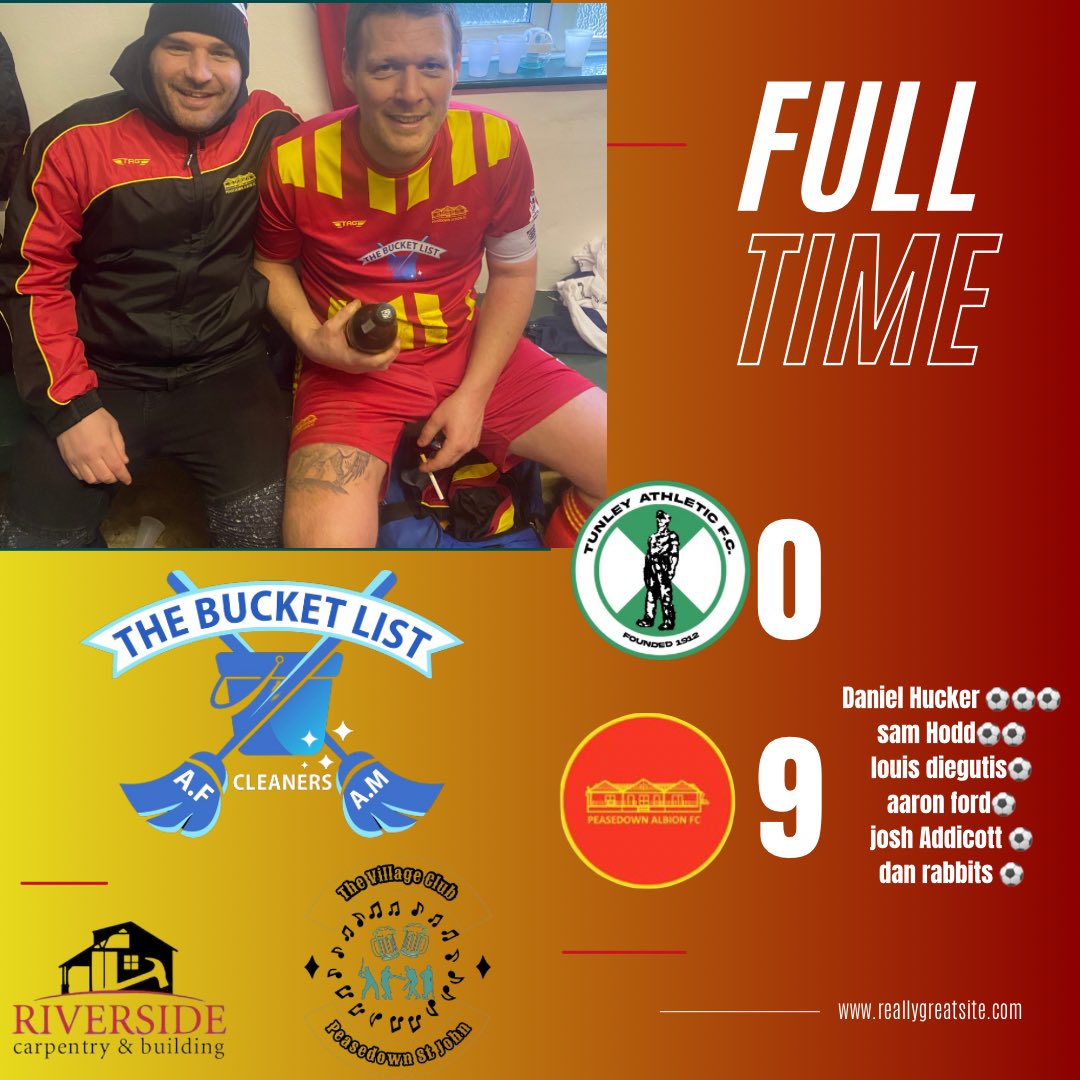 Peasedownalbion's tweet photo. We run out 9-0 winners against @TunleyAFC fair play they never stopped till the final whistle. 

MOTM 

Matthew Bryant 

Goal Scores 

@hucker_123 ⚽️⚽️⚽️
@Samhods ⚽️⚽️
@LouisGDiegutis ⚽️
@Addicott4321 ⚽️
Dan rabbits ⚽️
Aaron ford ⚽️ https://t.co/KZKhkxJgb0