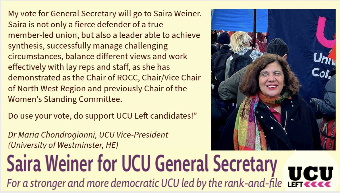 UcuLeft's tweet image. Vote Saira Weiner for General Secretary
Dr Maria Chondrogianni, UCU Vice President
#Saira4UCUGS #Peter4VP #ucuRISING #Solidarity #RespectFE #ucustrikes #GazaCeasefireNow