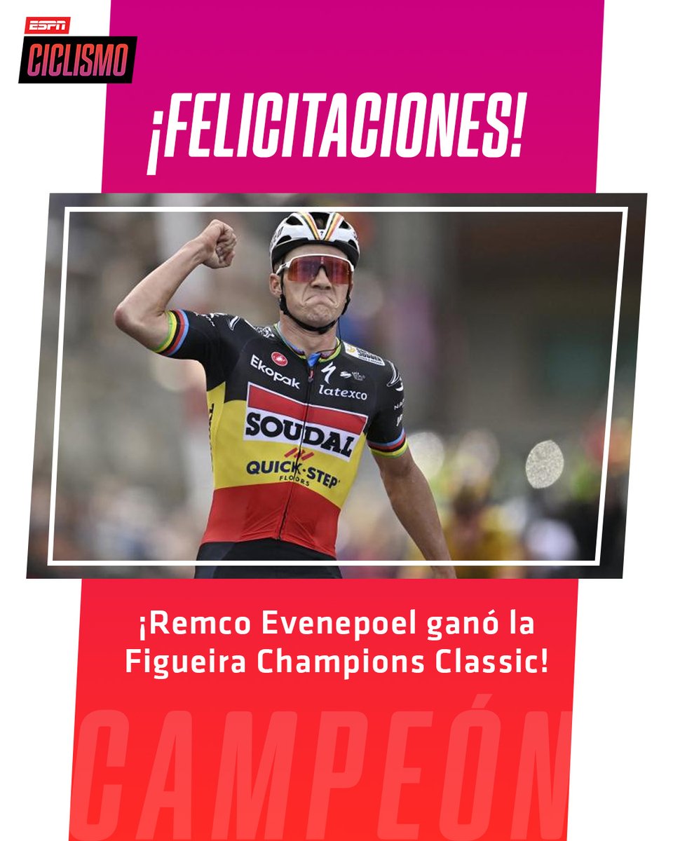 ESPNCiclismo's tweet photo. REMCO EVENEPOEL SABE COMO EMPEZAR LA TEMPORADA 🥵
Luego de un ataque a 55 km de meta, #Evenpoel viajó solo hasta la meta con una diferencia de más de 1 minuto. Completaron el podio Simone #Velasco y Lars #Boven. https://t.co/Ufshn40oxN
