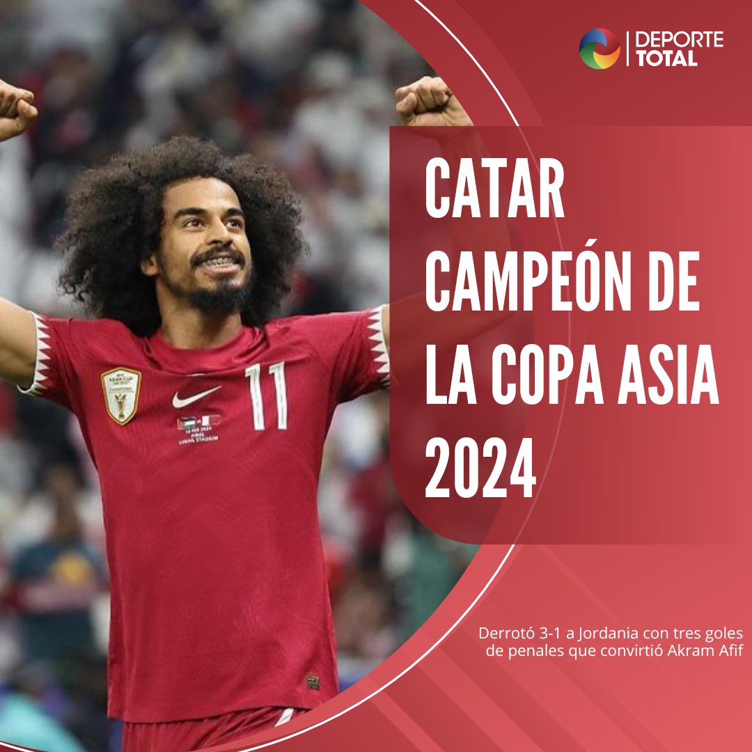 deportetotal_bo's tweet photo. ¡OTRA VEZ CAMPEONES! 🇶🇦🏆🏆
.
.
Catar volvió a salir CAMPEÓN de la Copa Asia y esta vez celebró en su casa.
.
.
Los cataríes derrotaron 3-1 a Jordania en una FINAL que tuvo como protagonista a Akram Afifa, autor de los tres goles…¡TODOS DE PENAL! https://t.co/lz1azjh6rF