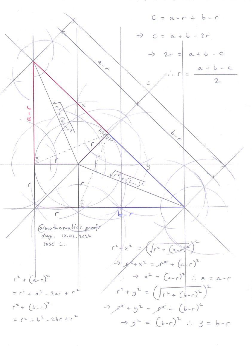 tiago_hands's tweet image. Geometry: The inradius of a #righttriangle derivation. #visualmath #trigonometry #pythagorastheorem
