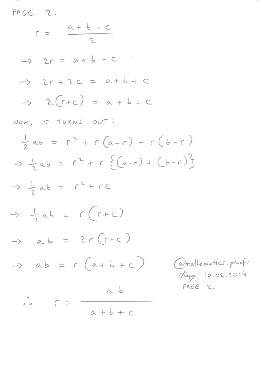 tiago_hands's tweet image. Geometry: The inradius of a #righttriangle derivation. #visualmath #trigonometry #pythagorastheorem