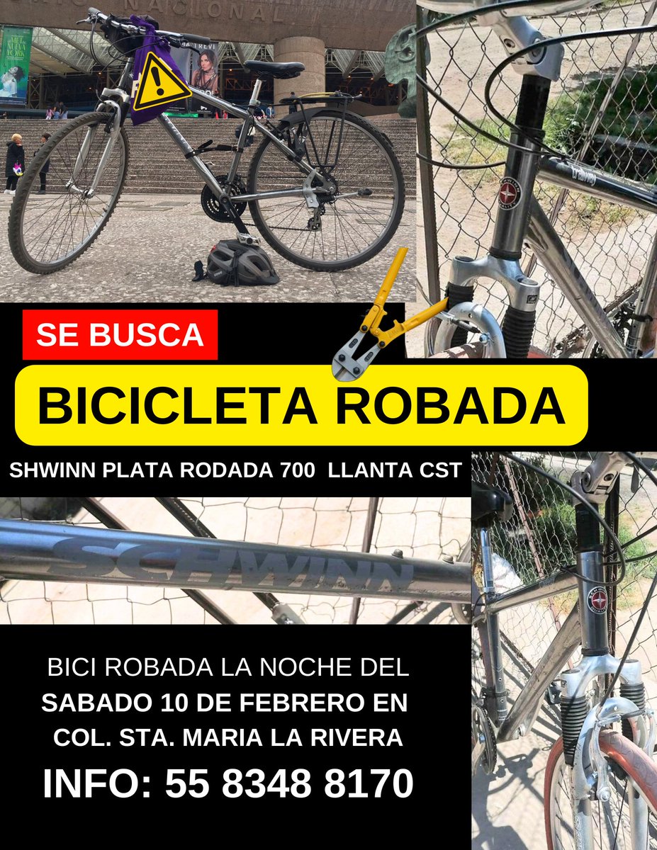 Buenos si pudieran ayudarme. Mi nombre es Abril Reza, mi bici es mi vida y mi medio de transporte, anoche me robaron mi bici.
Cualquier Informe a mi contacto: 5583488170
Se agradece puedan ayudarme a compartir en sus redes