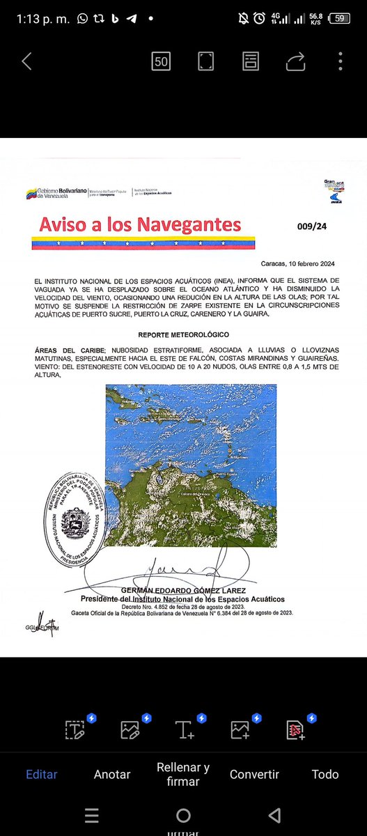 #10Feb #AvisoALosNavegantesINEA2024

Se suspende la restricción de zarpe existente en las circunscripciones acuáticas de Puerto Sucre, Puerto la Cruz, Carenero y La Guaira, motivado a la disminución de la velocidad del viento y la reducción de la altura de las olas. Ver 👇