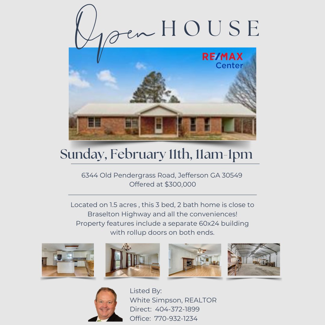 REMAXCenter's tweet photo. Open House on Sunday, February 11th from 11am-1pm.
6344 Old Pendergrass Road, Jefferson GA 30549
Stop by and visit Impact Group Real Estate, your Open House hosts, for a property tour.
#openhousesunday #jeffersonga #remaxrealtor #REMAXCenter #georgiarealestate https://t.co/eIfCsvGmys