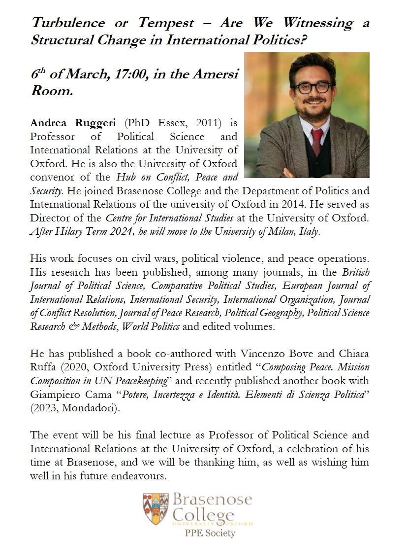 My last lecture at Oxford: Turbulence or Tempest?   
6 March 2024, 5 pm Amersi Room, Brasenose College.
<a href="/Politics_Oxford/">Oxford Politics and IR</a> <a href="/BrasenoseNews/">Brasenose News</a>