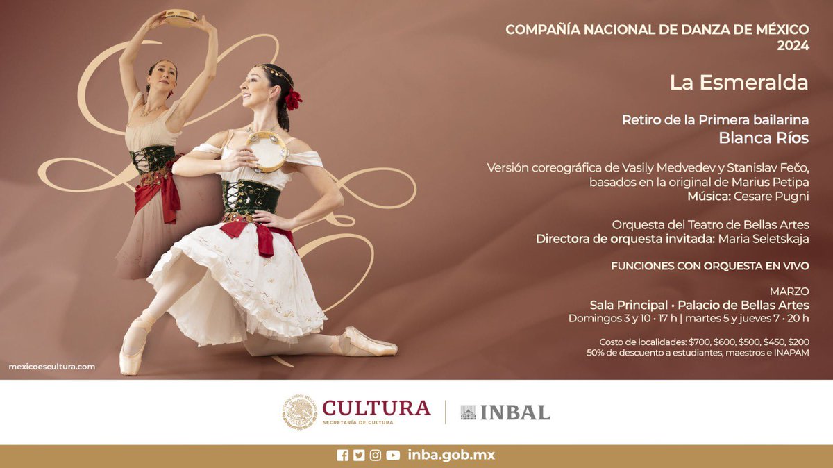 CNDanzaMX's tweet photo. 🩰 Blanca Ríos le dice adiós a la #CNDanzaMx. 😢  
Acompáñala al @PalacioOficial, donde interpretará “La Esmeralda”, ballet que ha elegido para su despedida, ya que la técnica, así como la libertad y la felicidad de la joven gitana, reflejan su propia personalidad como bailarina. https://t.co/2TMpcTXQwz