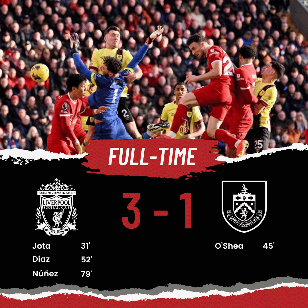 AzriAhmad9696's tweet photo. Final score. Good outcome from a disjointed and overall poor performance. This is a sign of a winning team which is challenging against a cheat team in ManC. Great 3 points bagged. We Go Again! YNWA.
Liverpool 3, Burnley 1
#LIVBUR #YNWA #Liverpool4Life https://t.co/VNyRjhy8ov