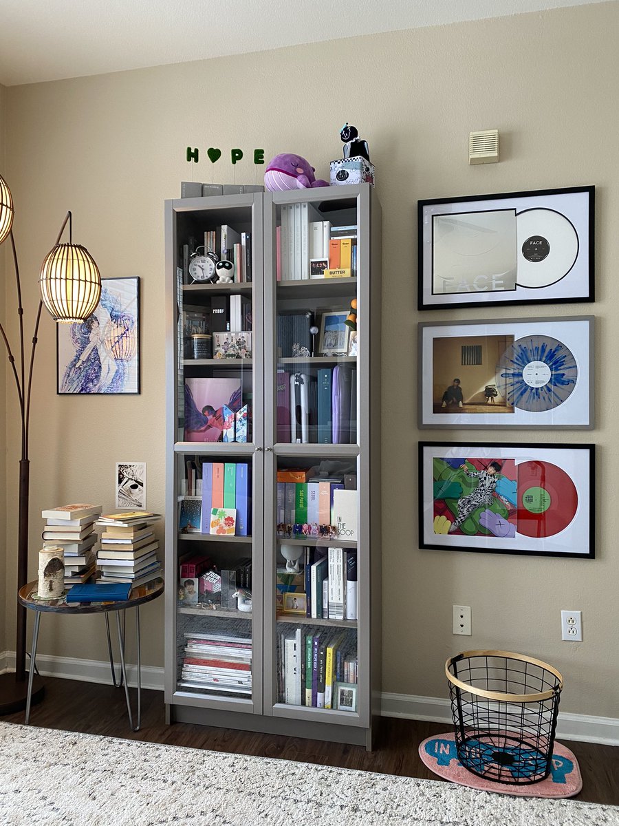 hope_hobi_11's tweet photo. solo albums are up!! i wasn’t confident in my measuring skills, but it worked out

this is what happens when you’ve been living out of one room for over 13 years, an ARMY for almost 6 of those, &amp; you finally have space to decorate 😆 💜 https://t.co/HIykfKySWe