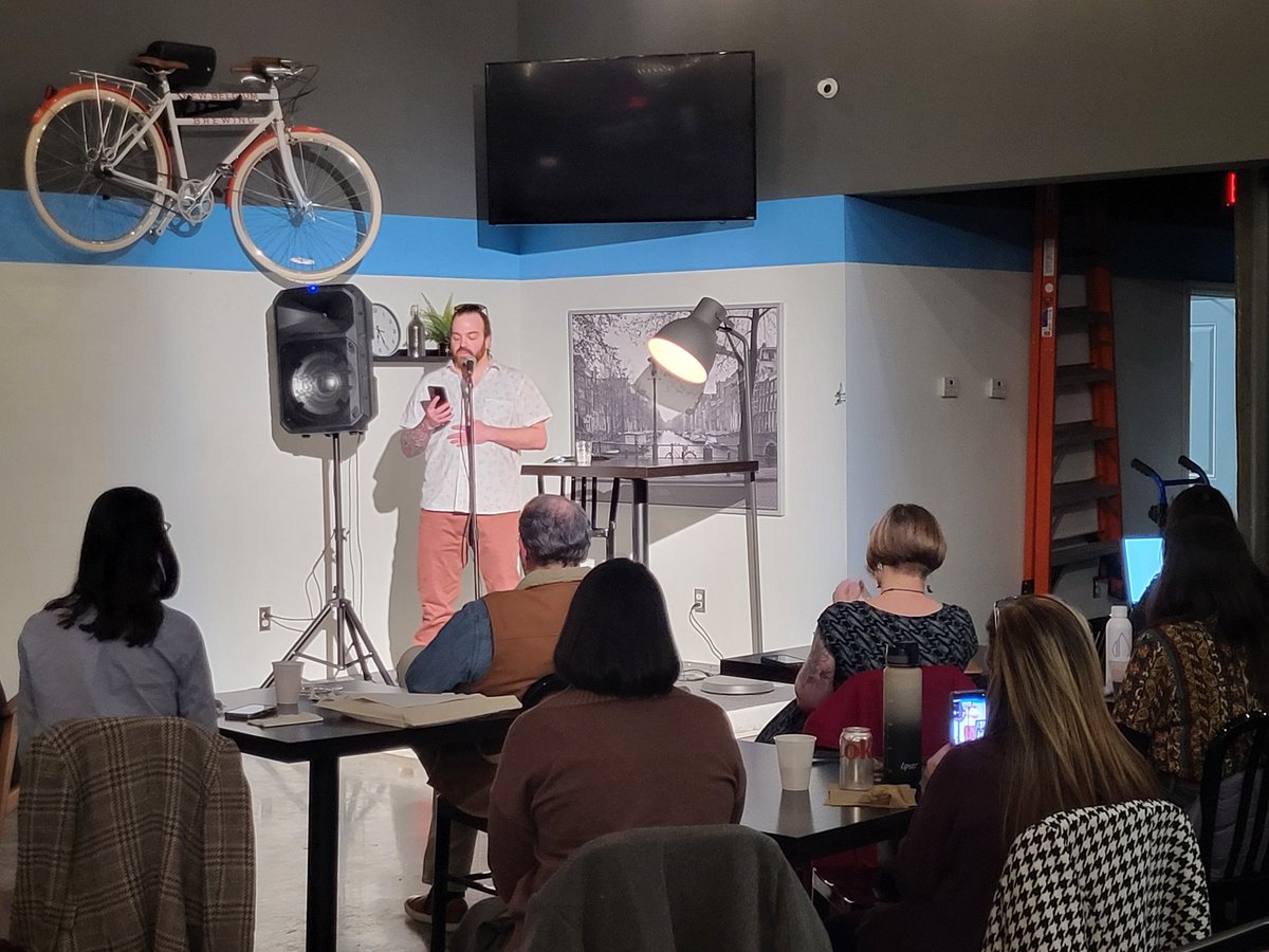 mcarmystrong's tweet photo. Big shout-out to @LKDolph for his powerful poetry last night at the Spokes Cafe. @LaurenKayJ and I were blown away by that ash flake on your tongue, Lucas, your courageous and spellbinding long poem about toxic exposure. 
@antiochmfa
#MilitaryWriting #AWP24 https://t.co/YnlVkQjBWW