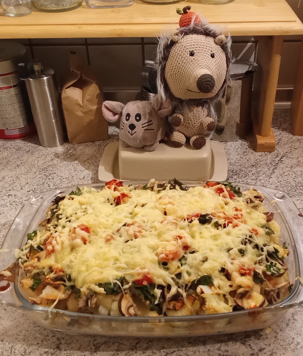 And there it is again: Casserole time!!! 😋😋😋 This one is a big higher than the last ones. 🤭😅 Because we had so much stuff to put into it. 😁 Oooohhh it will be delicious. 🥰