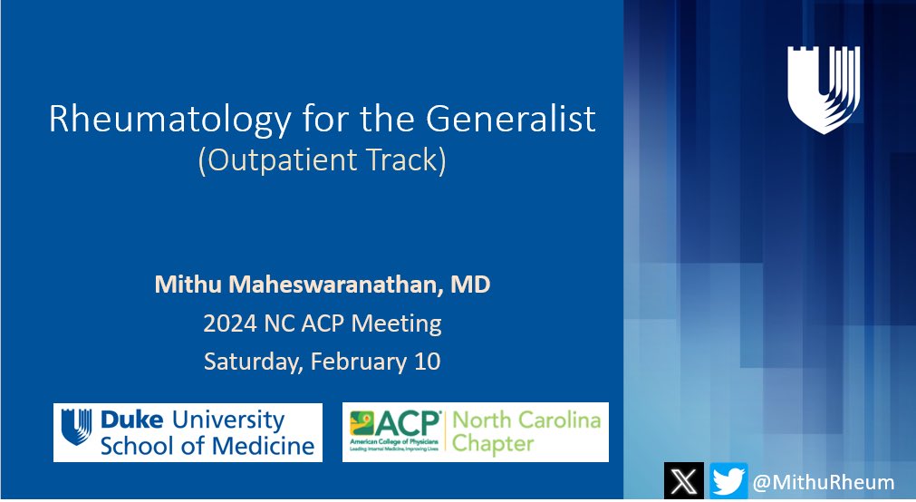 Enjoyed speaking at the 2024 NC ACP Meeting on Rheumatology for the PCP! 🎤 Covered inflammatory vs non-inflammatory pain and appropriate laboratory testing & interpretation (including ANA, RF/CCP, HLA-B27)! #NCACP24 #Rheumatology #ACP24