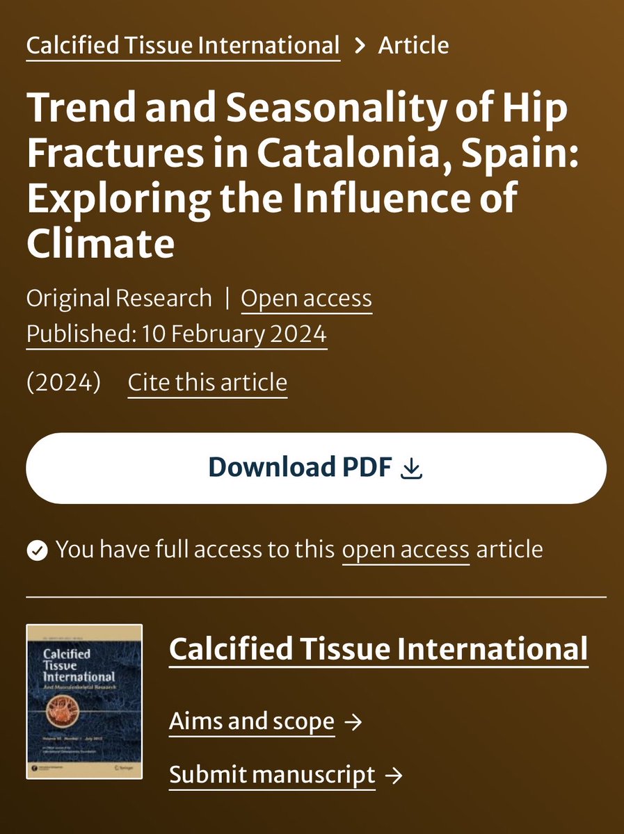 Trend and seasonality of hip fractures in Catalonia, Spain: Exploring the influence of climate.
[CalcifiedTissueInternational]
Read our latest #research in Open  Access #SpringerNature
Incidencia de fx de cadera: mayor asociación con la radiación solar que con la temperatura
