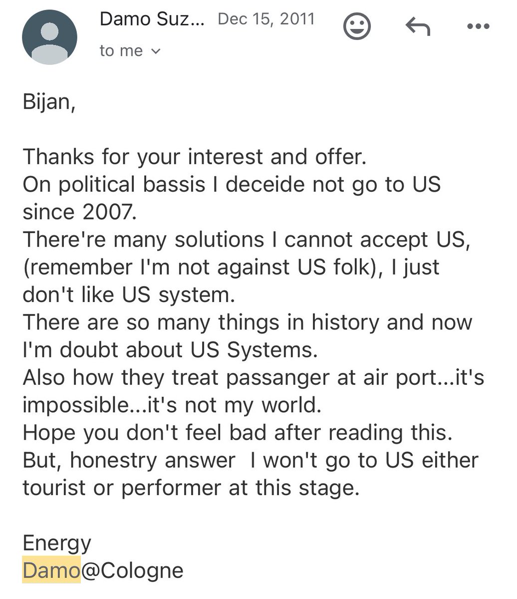 as a kid, i emailed damo suzuki to ask if his touring band would stop anywhere near my hometown. this was his reply.

"it's not my world"

he signed it "energy"