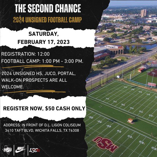 🚨OPPORTUNITY ALERT🚨

Looking for a home next Fall?

📍Midwestern State University 
🗓️February 17th
🕐Registration 12-1pm, Camp 1-3pm

Register: docs.google.com/forms/d/e/1FAI…