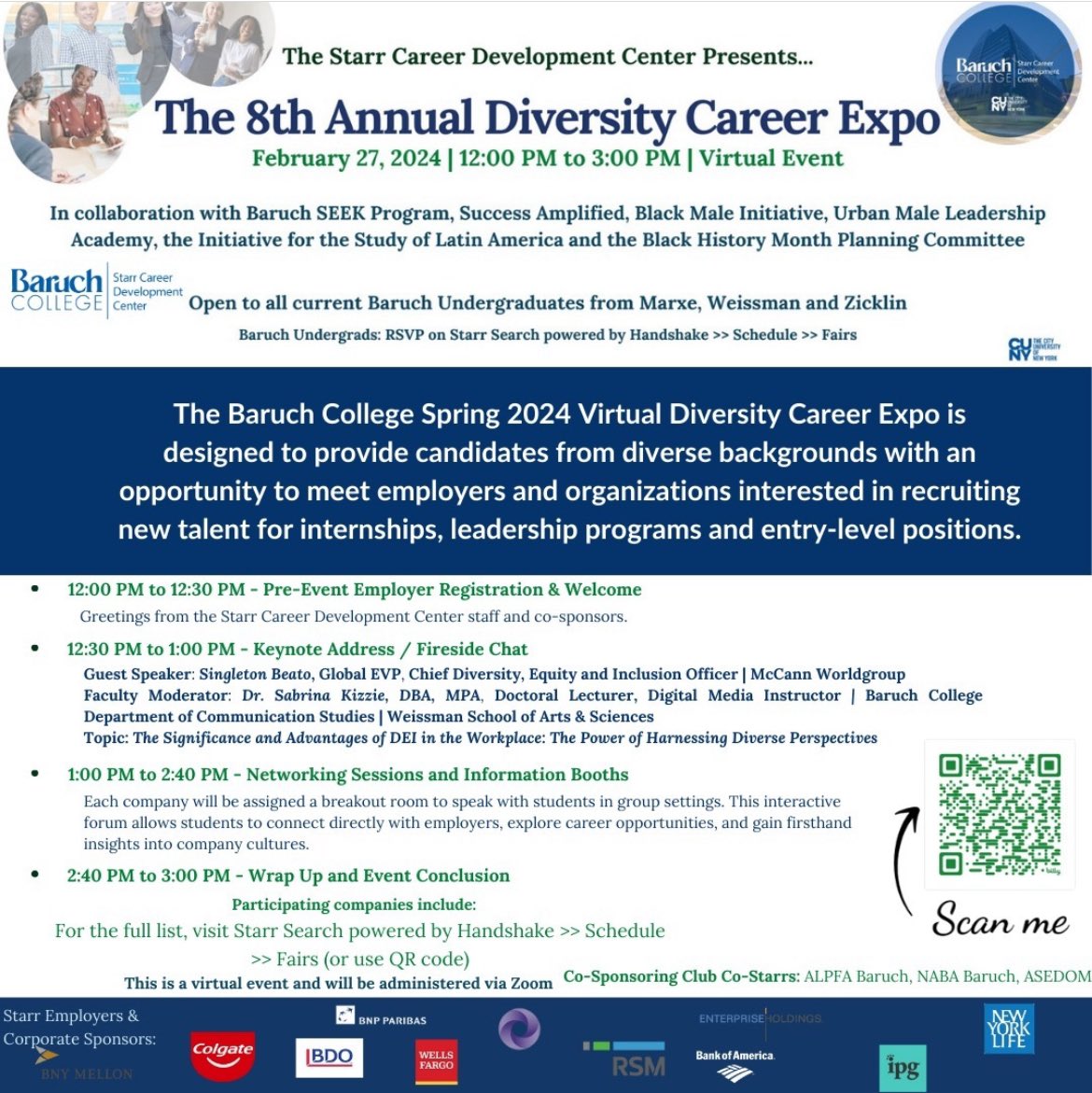 The Spring 2024 Virtual Diversity Career Expo is designed to provide students an opportunity to meet employers & organizations looking for diverse candidates. 🔗baruch.joinhandshake.com/career_fairs/4… #BaruchStarr #BaruchCollege