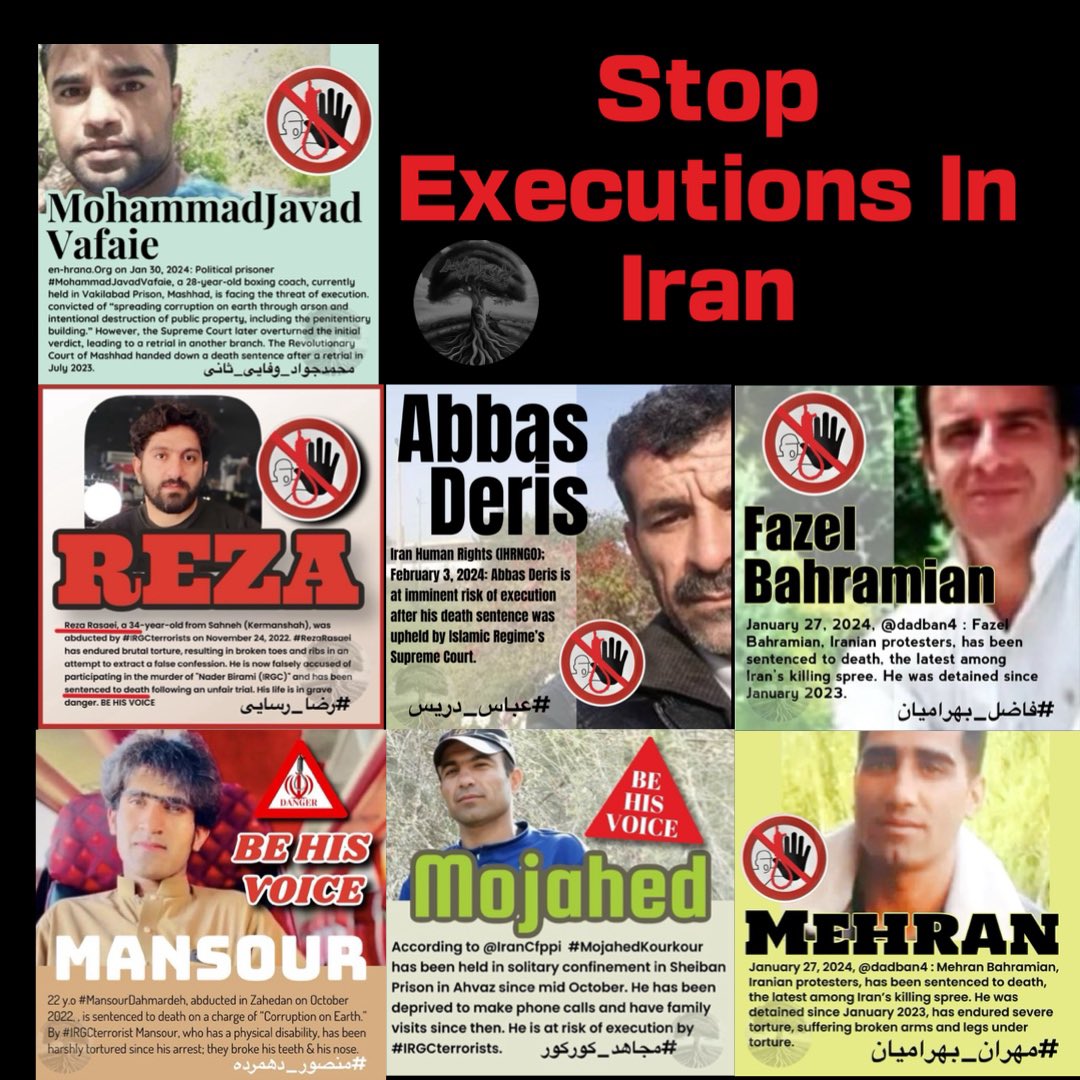 Risk of execution: 7 political prisoners 
#StopExecutionsInIran
MojahedKourkour 
RezaRasaei 
 MansourDahmardeh  FazelBahramian MehranBahramian 
 AbbasDeris  MohammadJavadvafaei
#نه_به_اعدام