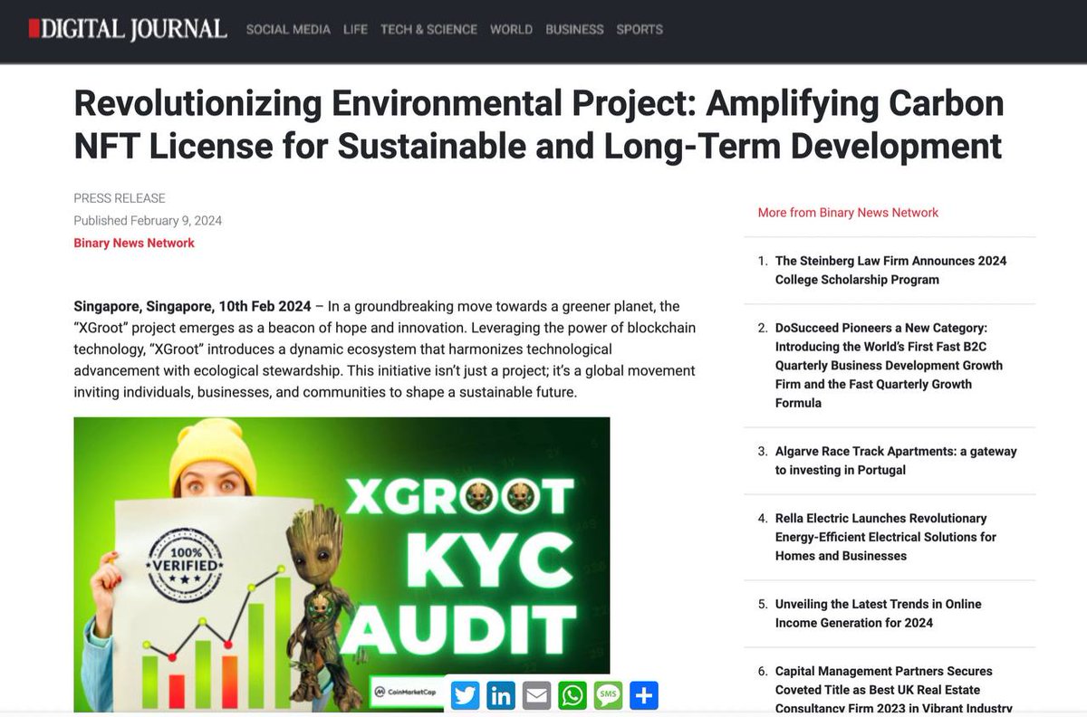 💥 #DigitalJournal recently highlighted XGroot's attempt to overcome the limitations of conventional platforms💥
✨ XGroot's innovative approach to environmental sustainability is making waves in the crypto world! 

digitaljournal.com/pr/news/binary…
