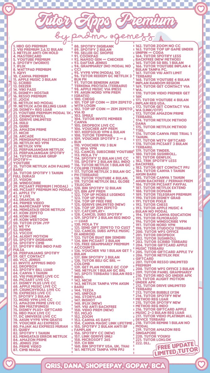 seaitle's tweet image. 💌 OPEN TUTOR APP PREM 💌

🤍 include 230++ app prem
🤍 bisa di take satuan
🤍 cocok untuk jadi firsthand
🤍 berisi video lengkap &amp;amp; penjelasan
🤍 tutor akan tetap update yang paling terbaru

‧✧̣̇‧ harga / tanya2 dm ke @gemess 💗

#zonauang #zonaba #zonabu #zonajajan #zonajubel