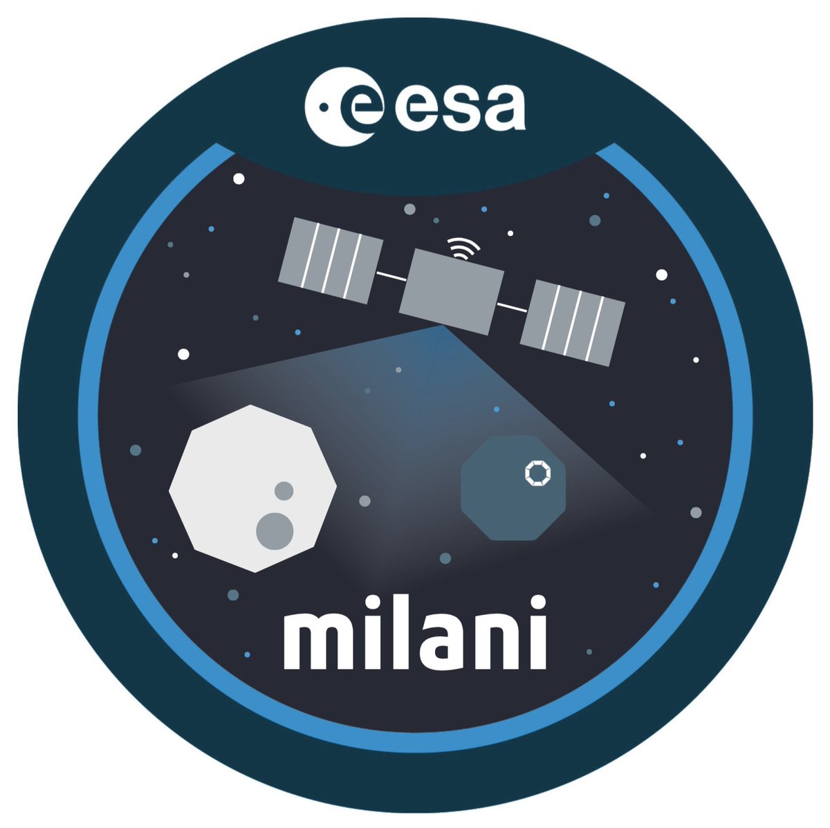 Caroline_1708's tweet photo. Here is my proposal for the MILANI mission patch.
Inspired by the HERA mission patch, it uses the same codes with all the details linked to its own mission.
Looking forward to hearing the results soon !!

#HeraMission #MilaniPatch #CubeSat #asteroids 
@esa @ESA_fr @ESA_Tech https://t.co/9TDBzpPvz6