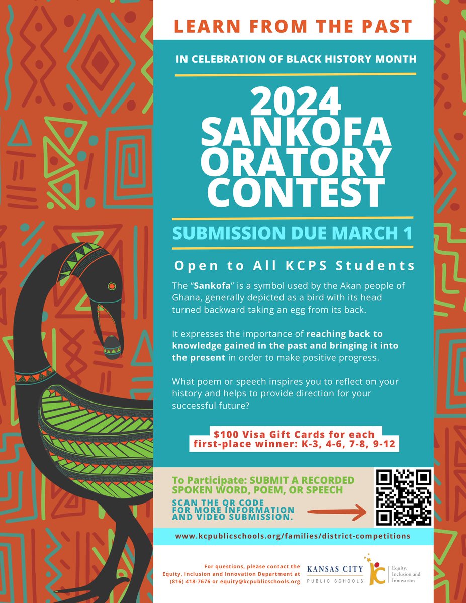 We invite KCPS students to participate in our Sankofa Oratory Contest!

"Sankofa" symbolizes reaching back to knowledge gained in the past &amp; bringing it into the present for positive progress. What poem or speech inspires you to reflect on your history &amp; provides direction?