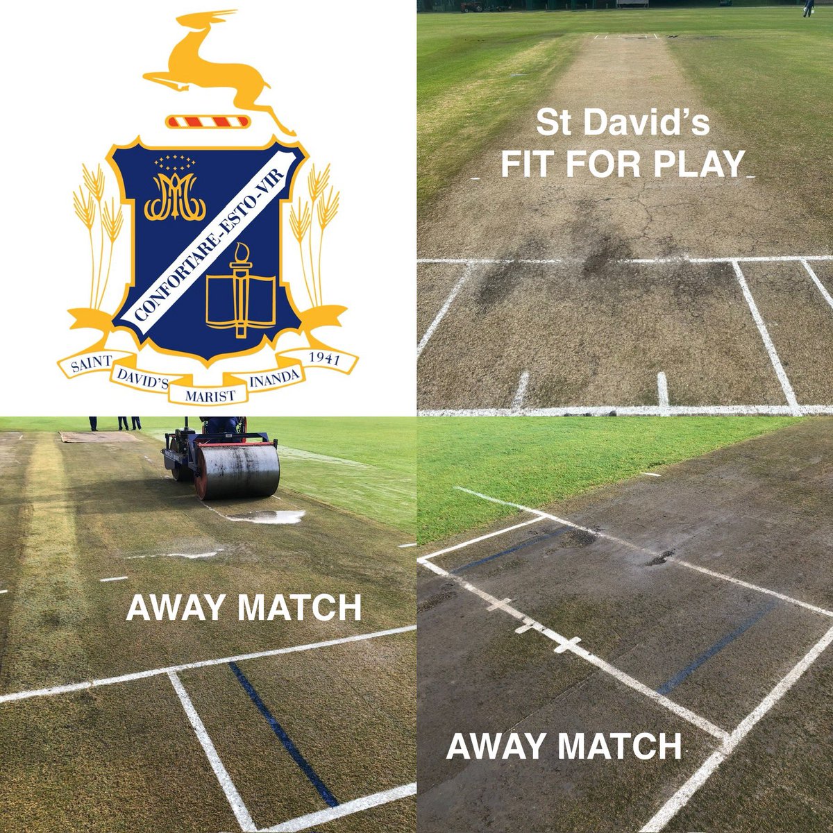 DONCRICKET's tweet photo. AN ABSOLUTE BLESSING TO arrive at @StDavids_Marist Cricket Fields on a Saturday morning and the Ground Staff have managed to overcome the previous nights storms 🌧️ and challenges 💨 , to have all
pitches dry and ready to play outfields… 

Well done to the unsung hero’s of pitch and ground preparations… #respect #groundsmen #realcare #passion