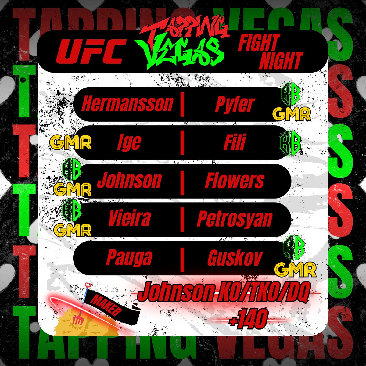 BettorGreen's tweet image. The Official Picks for Tapping Vegas are in!! 🔥

#ufc #mma #hermanssonvspyfer #ufcfightnight #bjj #wrestling #judo #boxing