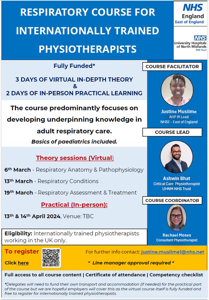 A fully funded bespoke Respiratory CPD Course for Internationally Educated Physiotherapists, by specialist respiratory physiotherapists @AshYouLikeIt, @NHSRachaelM & others. Registration link: tinyurl.com/RespiratoryCou… Please do share widely. @thecsp @cspbame @WeAHPs @TheACPRC