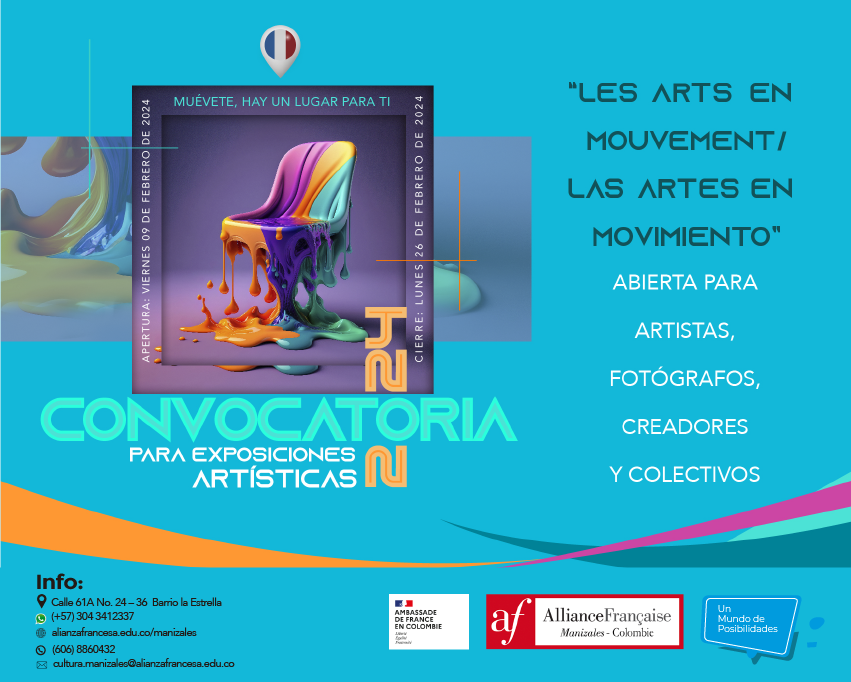 📷 ¡Convocatoria abierta!
La Alianza Francesa invita a artistas y creadores residentes en Colombia a participar en la convocatoria para exposiciones en el año 2024 "𝗟𝗲𝘀 𝗔𝗿𝘁𝘀 𝗲𝗻 𝗠𝗼𝘂𝘃𝗲𝗺𝗲𝗻𝘁".
📷Conoce las bases de la convocatoria en:
📷bit.ly/Convocatoriaex…