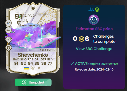 ✨Günün İçerikleri
🗓️10.02.2024

➕85 Duble Yükseltme (82 ve 83 rating kadro)
🇺🇦 Andriy Shevchenko SBC
