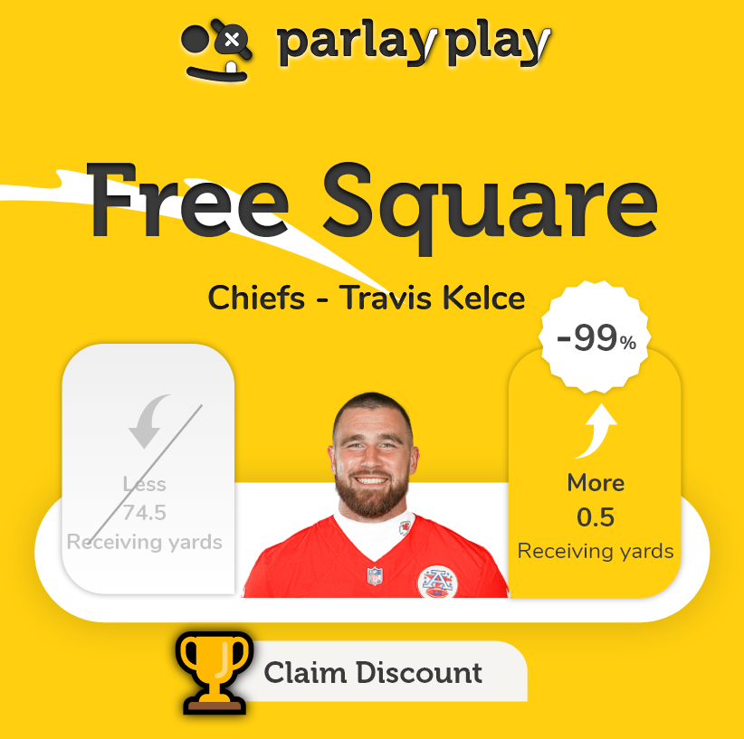 parlay_play's tweet photo. 🚨 The Mystery Free Square is... Travis Kelce! 

🔥 LIVE NOW!  Act quickly and create your entries now! 🏃

Also, we will give $50 in promo funds to one lucky user who reposts this! (Must be following @parlay_play to qualify) https://t.co/OU3KxZEKO8