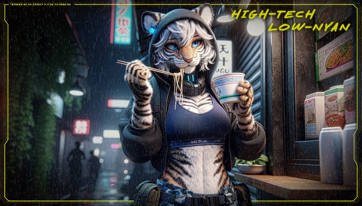 #DALLE of the Day!
I'm hungry for #ramen in the #rain again ...
#cybercat #32 #fur #artwork #art #ai #aiart #aiartwork #artoftheday #anthropomorphic #FurryFandom #AnthroArt #catgirl #FurryArtist #nerd #geek #furry #cat #cyberpunk #cp #v #cyberpunk2077 #bladerunner #ramennoodles