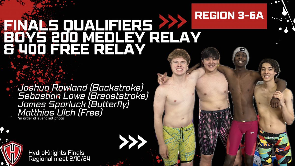 HydroKnights (@hhhshydroknight) on Twitter photo All four HydroKnights Relay teams qualified for Finals! The girls 200 Medley and 200 Free, and the boys 200 Medley and 400 Free relays are in the Finals today! <a href="/HhhsKnights/">HHHSKnights</a> <a href="/KilleenISD_/">KISD Sports</a> #WeAreKISD #RepTheShield All four HydroKnights Relay teams qualified for Finals! The girls 200 Medley and 200 Free, and the boys 200 Medley and 400 Free relays are in the Finals today! <a href="/HhhsKnights/">HHHSKnights</a> <a href="/KilleenISD_/">KISD Sports</a> #WeAreKISD #RepTheShield