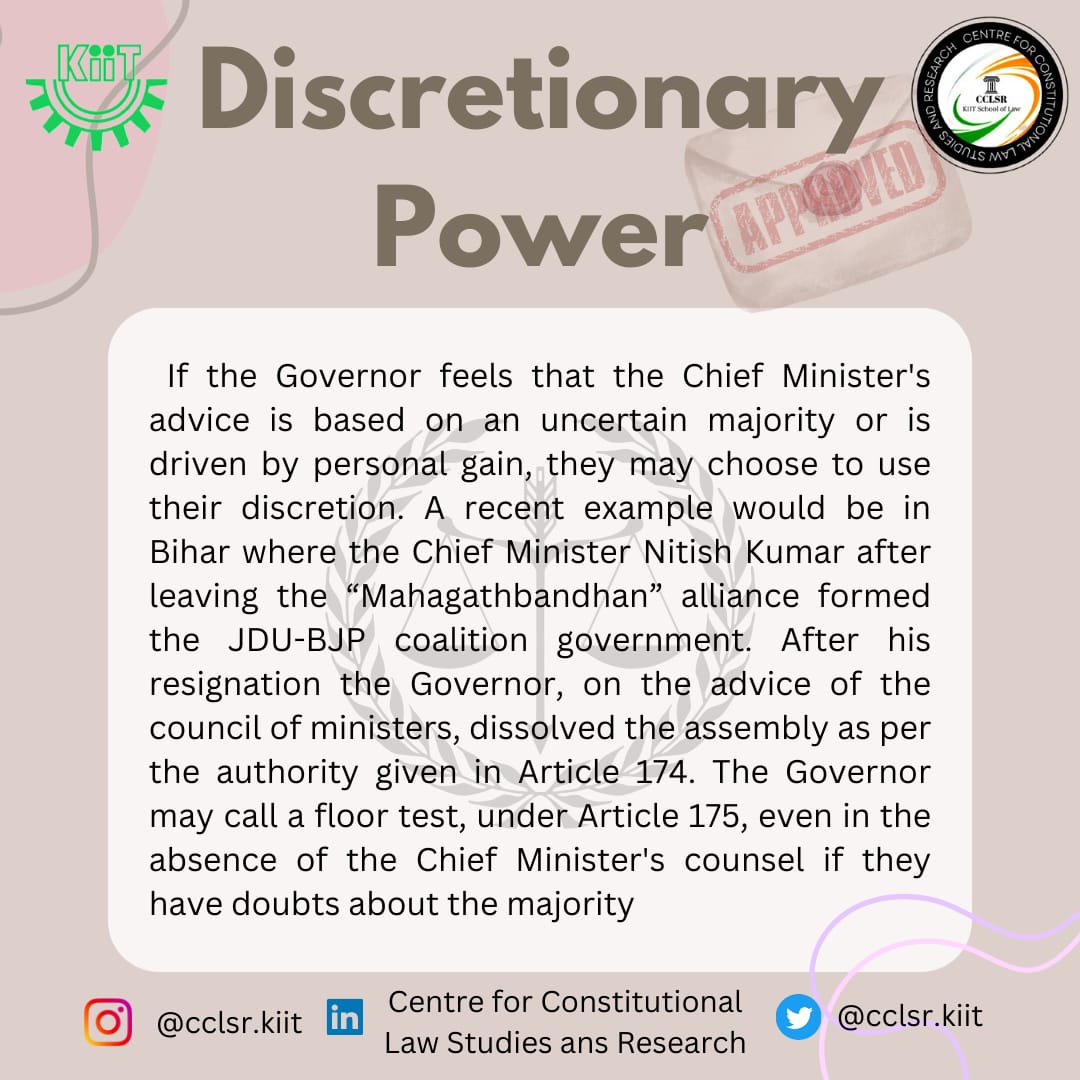 CclsrKiit's tweet photo. Governor's Power: To Dissolve The Assembly And To Call For Floor Test

#Constitution
#India 
#government 
#governor 
#FloorTest https://t.co/edFoXcIUe1