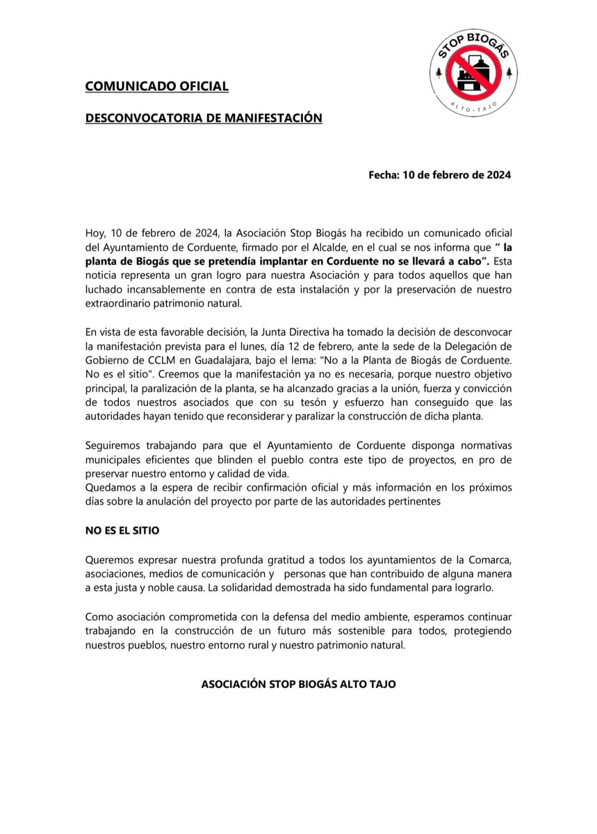 COMUNICADO OFICIAL: DESCONVOCATORIA DE LA MANIFESTACIÓN DEL PRÓXIMO LUNES 12 DE FEBRERO.

Quedamos mientras tanto a la espera de confirmación oficial por parte de las autoridades provinciales, autonómicas y/o estatales.

#stopbiogasaltotajo
#estenoeselsitio