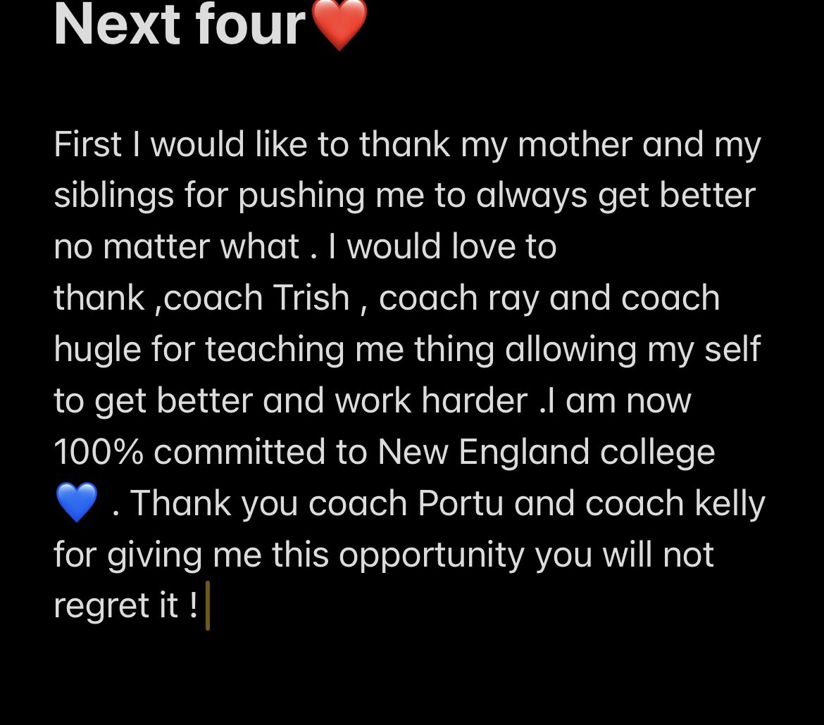 I would like to announce my 1000% commitment to New England College💙 , thank you <a href="/coachtrisciani/">John Trisciani</a> for helping me improve as a player, thank you <a href="/ray_portu/">Ray Portu</a> and <a href="/Coach_KKelly/">Kevin Kelly</a> for giving me this opportunity! #gogrims