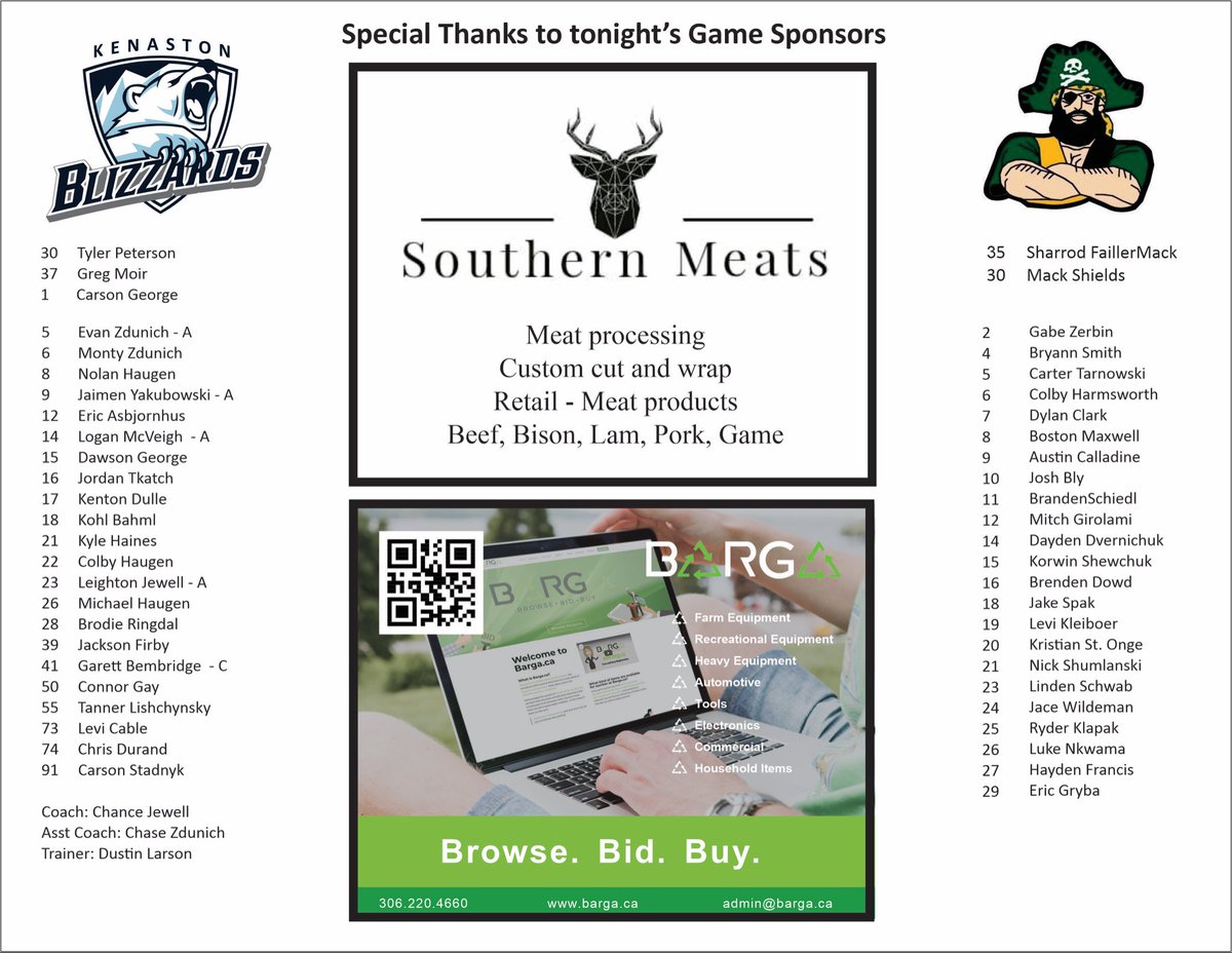 Tonight’s rosters.
Game time is 7:30pm
See you there!

<a href="/SaskForum/">Wicked Deadly Sask Senior Hockey Forum</a> <a href="/MondayNooner/">Monday Nooner</a>
