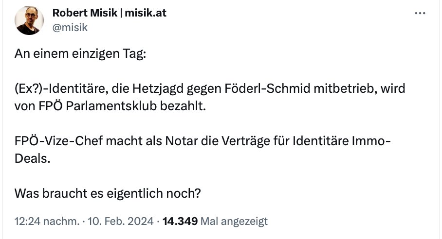 Mieselsüchtig? So lügt & hetzt Misik über mich. Ich habe keine 'Hetzjagd' betrieben, sondern fair über die Plagiatsaffäre berichtet.Das ist keine Hetze. Misik hetzt & attackiert gezielt meine vermeintliche Existenzgrundlage - Er glaubt, ich würde vom FPÖ-Parlamentsklub bezahlt.