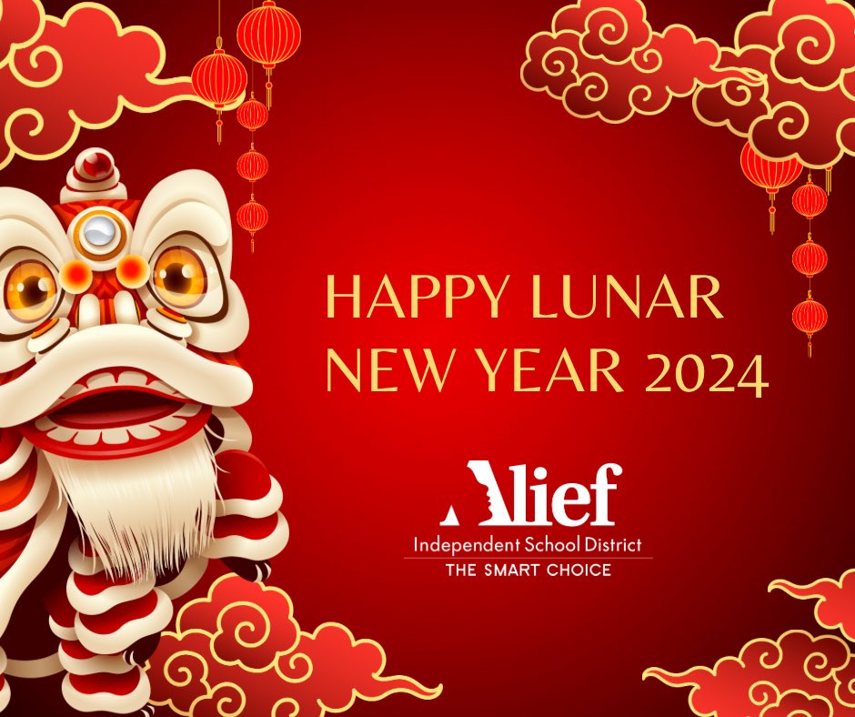 Happy Lunar New Year to all celebrating, from Alief ISD! 🐉 May the Year of the Dragon bring you joy, prosperity, and good fortune. Wishing our students, families, and staff a year filled with happiness and success!🌟🧧